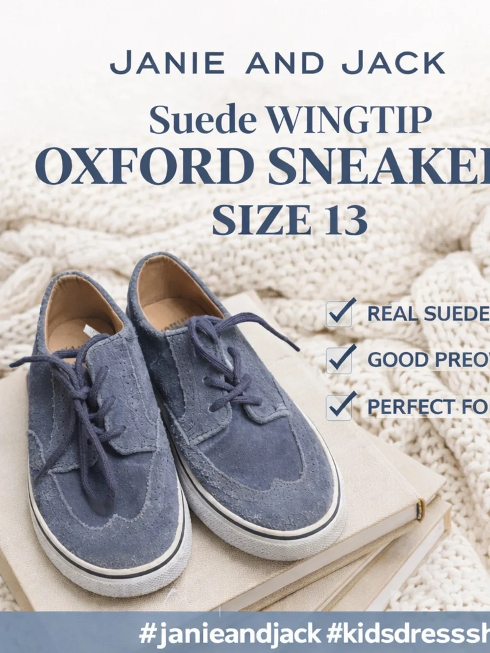 Janie and Jack Boys Suede Wingtip Oxford Sneakers Sz 13 Blue Dress Casual Shoes